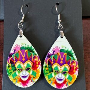 Vibrant Mardi Gras Jester Mask Drop Earrings New Orleans